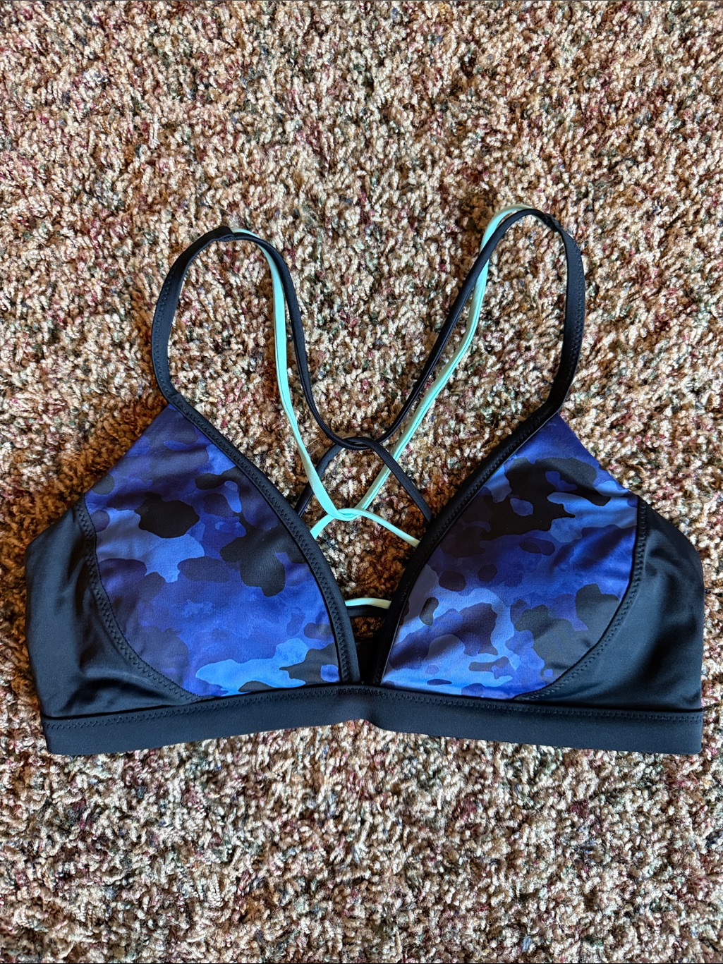 Athleta Blue Camo Triangle Bikini Top With Aqua Straps